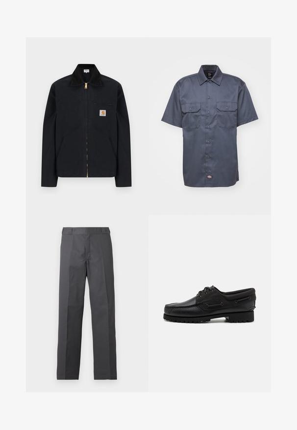 Veste noire à fermeture éclair avec col noir, poches latérales avant, poche zippée sur la poitrine et écusson logo Carhartt sur la poitrine gauche.; Chemise à manches courtes de couleur bleu marine foncé, en tissu lisse, avec un devant à boutons, deux poches poitrine et un petit logo sur l'ourlet inférieur.; Pantalon gris foncé à jambes droites avec un devant plat et sans poches visibles, présenté sur un fond blanc uni.; Chaussure noire avec un dessus en cuir, des accents textiles, des lacets ronds et une semelle en caoutchouc texturé. Présente des coutures mocassins et des détails de marque.
