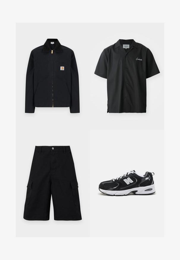 Sort lynlåstrøje med sort krave, lommer foran, brystlomme med lynlås og Carhartt-logo på venstre bryst.; Sort kortærmet skjorte med knapper og campingkrave, med et hvidt broderet logo på brystet og en afslappet pasform.; Svarte cargo shorts lavet af slidstærkt stof. Indeholder to sidelommer, en lynlåsgylp og en simpel talje med en metalknap.; Sorte og grå sportssko med mesh og ruskind på overdelen, der har en hvid mellemsål, snørebånd og et iøjnefaldende "N" logo på siden.