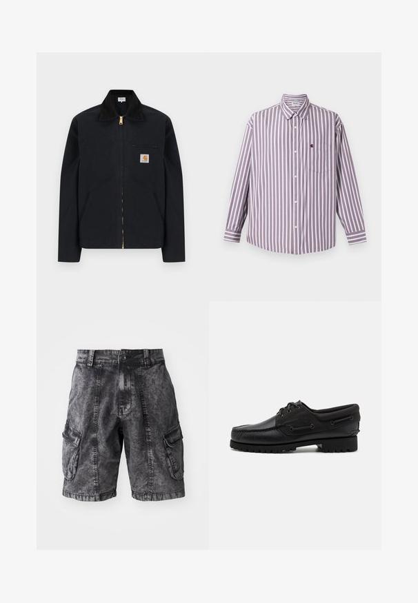 Veste noire à fermeture éclair avec col noir, poches latérales avant, poche zippée sur la poitrine et écusson logo Carhartt sur la poitrine gauche.; Chemise à rayures à manches longues en lavande clair et blanc, avec un col boutonné, une poche avant et un ourlet arrondi. Tissu en coton.; Shorts cargo en denim noir avec une texture délavée, deux poches latérales et une fermeture à bouton. Longueur genoux avec des coutures renforcées.; Chaussure noire avec un dessus en cuir, des accents textiles, des lacets ronds et une semelle en caoutchouc texturé. Présente des coutures mocassins et des détails de marque.