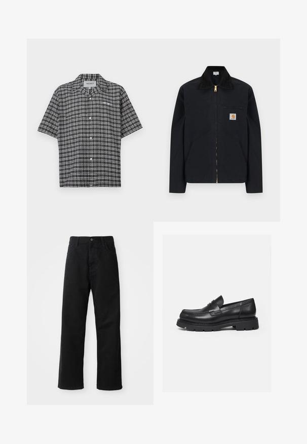 Veste noire à fermeture éclair avec col noir, poches latérales avant, poche zippée sur la poitrine et écusson logo Carhartt sur la poitrine gauche.; Chemise à manches courtes à carreaux noir et blanc avec col et petit logo blanc "Carhartt" sur la poitrine.; Pantalons en denim noir à coupe droite, avec poches avant, fermeture éclair et un seul bouton supérieur. Tissu texturé avec une finition mate.; Mocassin en cuir noir avec semelle épaisse crantée et détail de bride penny, présenté en profil droit sur fond blanc.