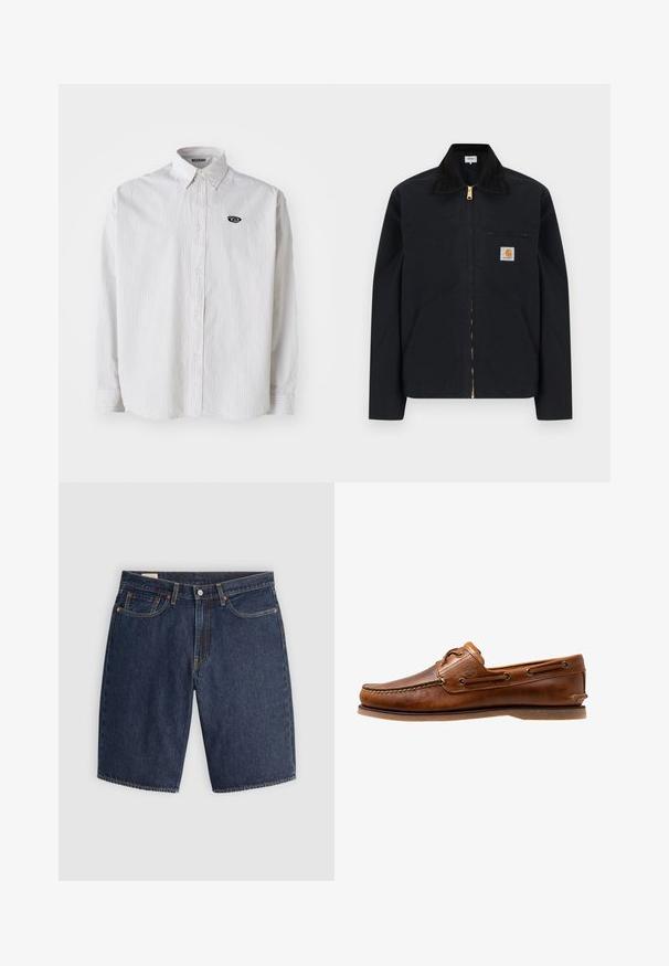 Veste noire à fermeture éclair avec col noir, poches latérales avant, poche zippée sur la poitrine et écusson logo Carhartt sur la poitrine gauche.; Chemise blanche à manches longues avec de fines rayures verticales grises. Dotée d'un col boutonné et d'un petit logo noir sur la poitrine gauche.; Shorts en denim bleu foncé, présentant un design classique avec cinq poches, des coutures surpiquées, une fermeture à bouton et des poches arrière incurvées.; Chaussures bateau en cuir marron avec des accents cousus, présentant des œillets en métal, une couture surélevée sur le bout et une semelle plate en caoutchouc.