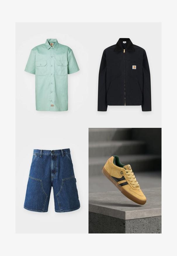 Veste noire à fermeture éclair avec col noir, poches latérales avant, poche zippée sur la poitrine et écusson logo Carhartt sur la poitrine gauche.; Chemise à manches courtes de couleur vert menthe en coton. Dotée d'une fermeture à boutons sur le devant, de deux poches poitrine et d'une étiquette de logo près de l'ourlet.; Shorts en denim avec un lavage bleu foncé, dotés de grandes poches frontales, d'une fermeture à bouton et de coutures visibles le long des coutures.; Baskets en daim jaune avec des rayures noires et une semelle gomme, flottant au-dessus d'un rebord en béton avec des marches floues en arrière-plan.