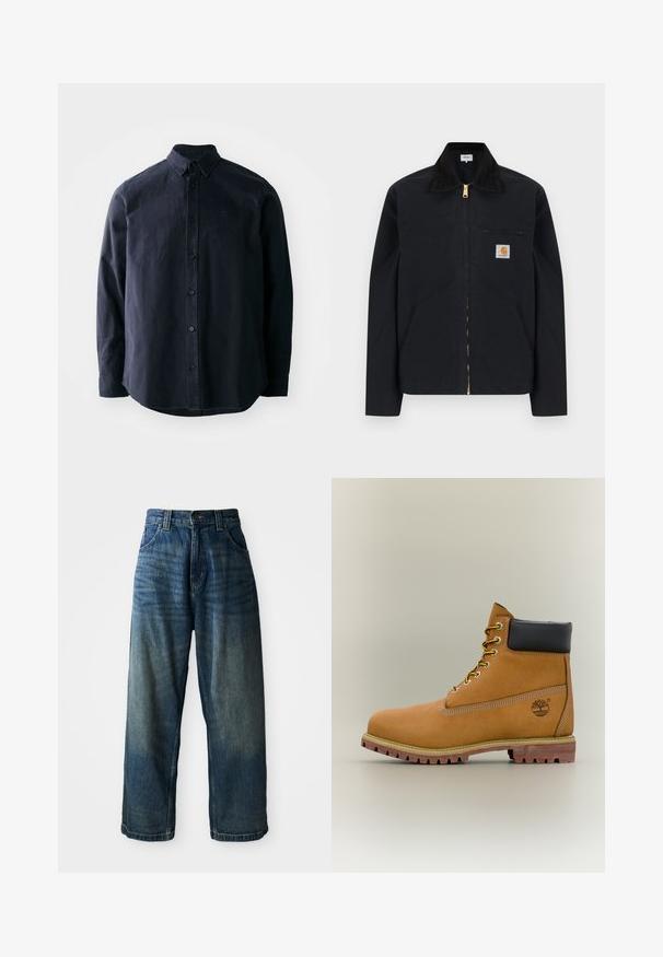 Veste noire à fermeture éclair avec col noir, poches latérales avant, poche zippée sur la poitrine et écusson logo Carhartt sur la poitrine gauche.; Chemise boutonnée bleu marine foncé avec col pointu, manches longues et ourlet droit. Présente un logo subtil sur la poitrine et un tissu texturé.; Jean en denim bleu taille large avec une finition délavée. Comprend cinq poches, une fermeture à bouton et des coutures contrastées. Tissu de poids lourd.; Bottine en cuir marron avec col noir, lacets jaunes et semelle beige. Présente un logo et des détails de couture blanche. Semelle extérieure à traction robuste.