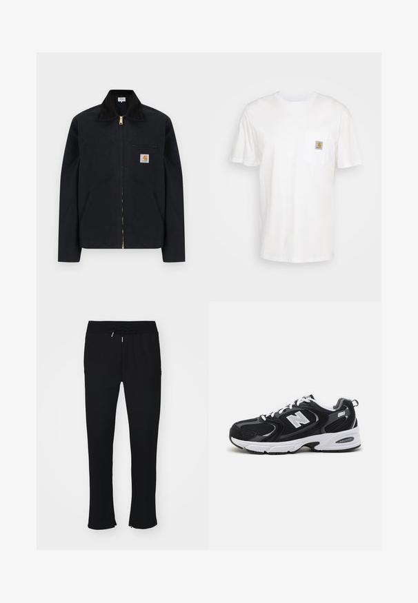 Schwarze Jacke mit Reißverschluss, schwarzem Kragen, vorderen Seitentaschen, Reißverschlusstasche auf der Brust und Carhartt-Logoaufnäher auf der linken Brustseite.; Weißes Baumwoll-T-Shirt mit kurzen Ärmeln, einer Brusttasche und einem kleinen quadratischen Logopatch in Orange und Weiß auf der Tasche.; Schwarze Jogginghose aus weichem Stoff, mit elastischem Taillenbund und Kordelzug, Schlitz am Saum und subtiler Mustergestaltung.; Schwarze und graue Sportschuhe mit Obermaterial aus Mesh und Wildleder, ausgestattet mit einer weißen Zwischensohle, Schnürsenkeln und einem markanten "N"-Logo an der Seite.