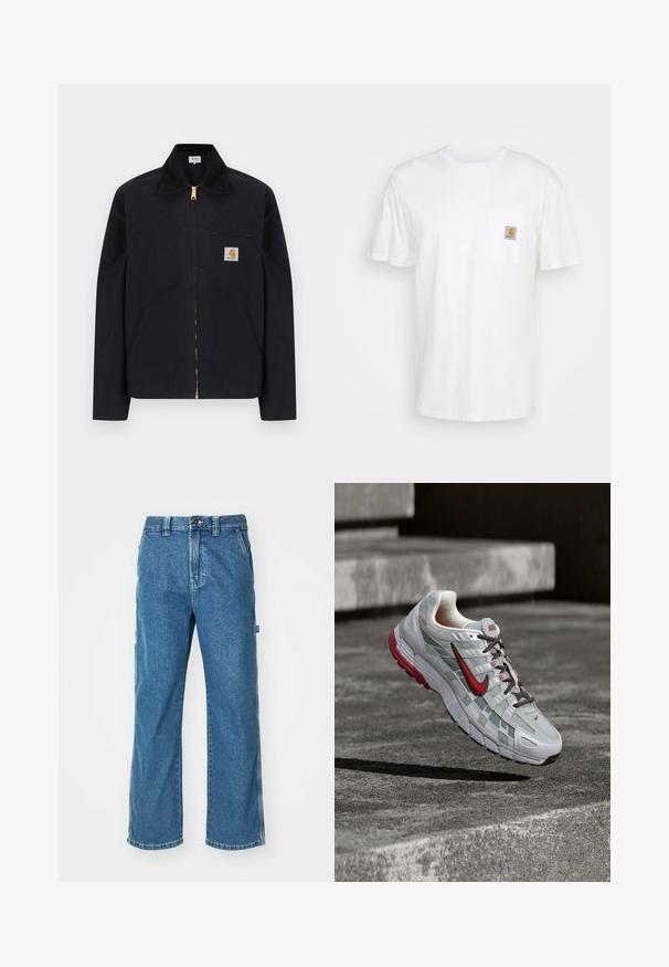 Zwarte jas met ritssluiting, zwarte kraag, steekzakken aan de voorkant, borstzak met rits en Carhartt-logo op de linkerborst.; Witte katoenen t-shirt met korte mouwen, een borstzak en een klein vierkant logo-opdruk in oranje en wit op de zak.; Blauwe denim cargobroek met een relaxed fit, voorzien van zijzakken, een rits en contrasterende stiksels op de naden.; Witte en grijze Nike hardloopschoen met rode accenten en zwarte veters, hangend boven grijze betonnen treden.