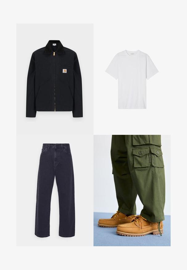 Zwarte jas met ritssluiting, zwarte kraag, steekzakken aan de voorkant, borstzak met rits en Carhartt-logo op de linkerborst.; Witte katoenen t-shirt met een ronde hals, korte mouwen en een comfortabele pasvorm; gladde textuur met schone randen en zonder patronen of versieringen.; Donker gewassen denim jeans met een wijde pasvorm, hoge taille en vijf-pocket ontwerp. Beschikt over een klassieke knoop- en ritssluiting.; Timberland AUTHENTIC 3 EYE - Bootschoenen - wheat