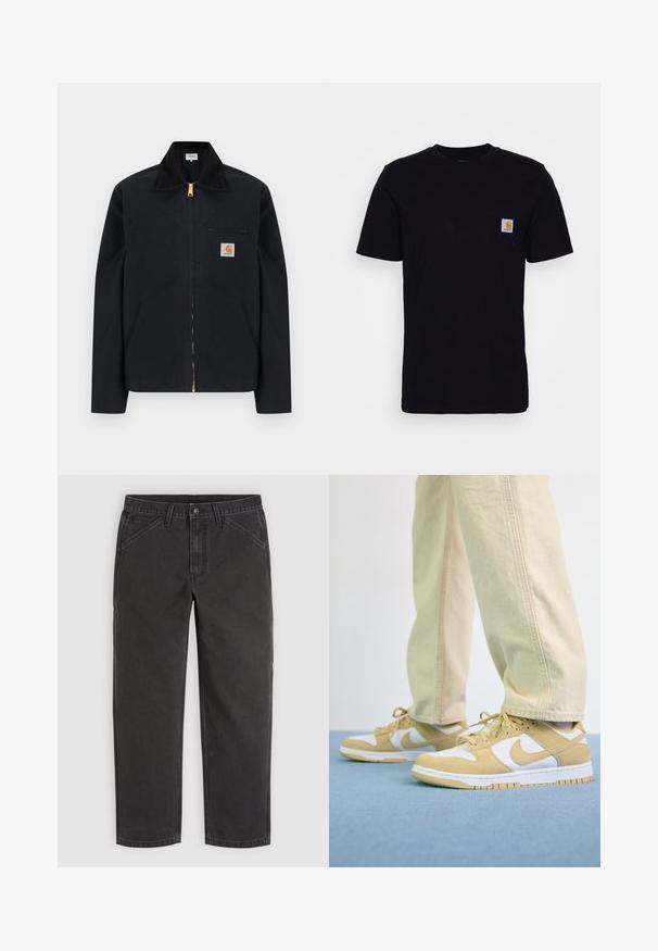 Čierna bunda na zips s čiernym golierom, prednými bočnými vreckami, hrudným vreckom na zips a nášivkou s logom Carhartt na ľavej strane hrude.; Čierne bavlnené tričko s krátkymi rukávmi, okrúhlym výstrihom a náprsného vrecka s malou, štvorcovou nášivkou loga. Jednoduchý, jednoliaty dizajn.; Čierne nohavice s rovnými nohavicami, prednými vreckami, pútkami na opasok, zapínaním na gombík a viditeľným prešitím na jednoduchom pozadí.; Žlté a biele tenisky z úzkej a koženej tkaniny, s okrúhlymi šnúrkami, nízkym dizajnom a textúrovanou gumovou podrážkou.
