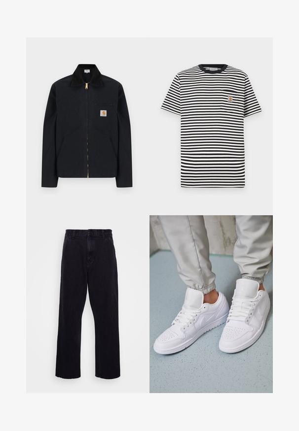 Schwarze Jacke mit Reißverschluss, schwarzem Kragen, vorderen Seitentaschen, Reißverschlusstasche auf der Brust und Carhartt-Logoaufnäher auf der linken Brustseite.; Schwarz-weiß gestreiftes T-Shirt mit Rundhalsausschnitt, kurzen Ärmeln und einer linken Brusttasche mit Logoaufnäher. Weicher Baumwollstoff.; Schwarze Jeanshose mit geradem Bein, ausgestattet mit einem Knopf- und Reißverschluss, Gürtelschlaufen und minimalen Nähdetails.; Weiße Ledersneaker mit perforierter Zehenbox, flachen Schnürsenkeln, gepolstertem Kragen und dem Jordan-Logo auf der Zunge. Getragen mit grauen Jogginghosen.
