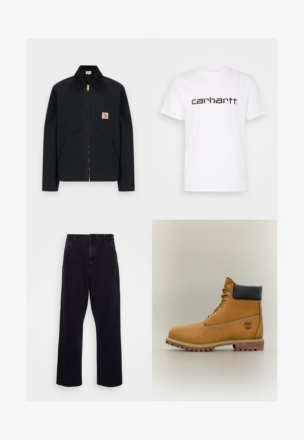 Schwarze Jacke mit Reißverschluss, schwarzem Kragen, vorderen Seitentaschen, Reißverschlusstasche auf der Brust und Carhartt-Logoaufnäher auf der linken Brustseite.; Weißes Baumwoll-T-Shirt mit kurzen Ärmeln und Rundhalsausschnitt. Mit großem "Carhartt"-Logo in Dunkelbraun über der Brust.; Schwarze Jeanshose mit geradem Bein, ausgestattet mit einem Knopf- und Reißverschluss, Gürtelschlaufen und minimalen Nähdetails.; Brauner Leder-Stiefelette mit schwarzem Kragen, gelben Schnürsenkeln und hellbrauner Sohle. Verfügt über ein Logo und weiße Ziernähe. Robuste Profilsohle.