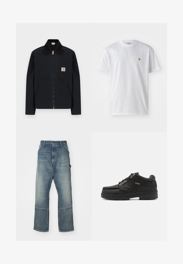 Čierna bunda na zips s čiernym golierom, prednými bočnými vreckami, hrudným vreckom na zips a nášivkou s logom Carhartt na ľavej strane hrude.; Biele bavlnené tričko s krátkymi rukávmi, okrúhlym výstrihom, s malým zlatým logom na ľavej strane hrude. Mäkká textúra a normálny strih.; Svetlo modré džiny s voľným strihom, vyrobené z denimu. Majú široké nohavice, veľké predné vrecká a kontrastné švy.; Čierna kožená šnurovacia topánka s polstrovaným golierom, hrubou podrážkou, zlatými očkami a štítkom Gore-Tex na boku.