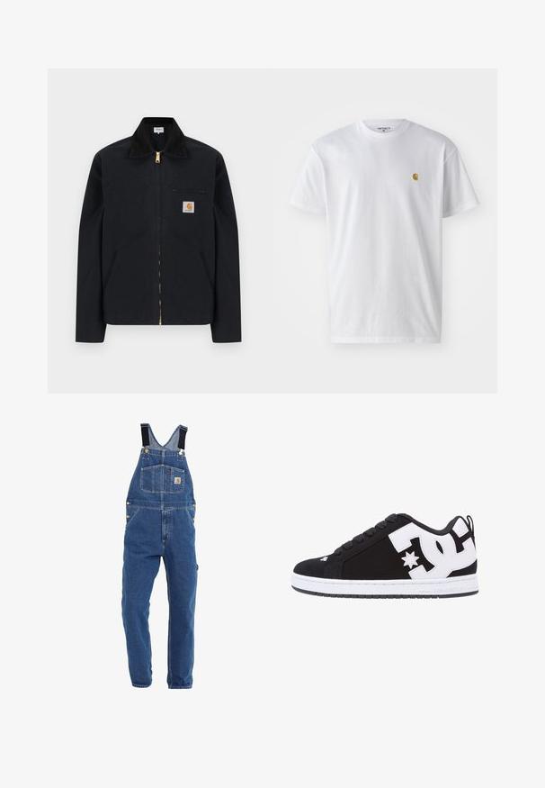 Chaqueta negra con cremallera, cuello negro, bolsillos laterales frontales, bolsillo con cremallera en el pecho y parche con el logo de Carhartt en el pecho izquierdo.; Camiseta de algodón blanca con mangas cortas, cuello redondo, que presenta un pequeño logo dorado en la parte izquierda del pecho. Textura suave y corte regular.; Pantalones de mezclilla en un tono azul medio, con tirantes negros ajustables, múltiples bolsillos y acentos de metal.; Zapatilla negra con acentos y logotipo blanco. Presenta puntera redonda, suela acolchada, cordones planos y material superior liso. Vista lateral.