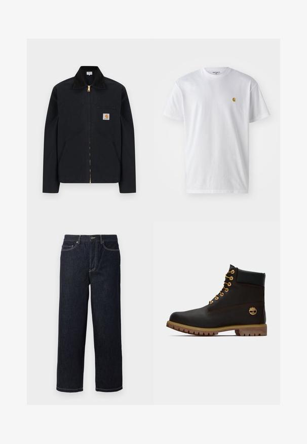 Schwarze Jacke mit Reißverschluss, schwarzem Kragen, vorderen Seitentaschen, Reißverschlusstasche auf der Brust und Carhartt-Logoaufnäher auf der linken Brustseite.; Weißes Baumwoll-T-Shirt mit kurzen Ärmeln, Rundhalsausschnitt, mit einem kleinen goldenen Logo im linken Brustbereich. Weicher Stoff und normale Passform.; Dunkelblaue gerade geschnittene Jeans aus Denim mit fünf Taschen und weißen Kontrastnähten, Knopfverschluss und Gürtelschlaufen.; Schwarze Leder-Ankle-Boots mit goldenen Ösen, braunen Akzenten und einer Gummisohle. Verfügt über einen gepolsterten Schaft und ein geprägtes Logo an der Seite.