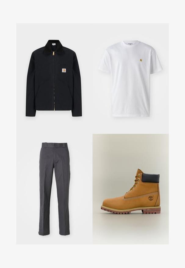 Sort lynlåstrøje med sort krave, lommer foran, brystlomme med lynlås og Carhartt-logo på venstre bryst.; Hvid bomulds t-shirt med korte ærmer, rund hals og et lille guld logo på venstre brystområde. Blød tekstur og almindelig pasform.; Mørkegrå bukser lavet af bomuldsblanding, der har et lige ben-design, frontlommer og en knaplukning i taljen.; Brun læderankelstøvle med sort krave, gule snørebånd og tanfarvet sål. Har logo og hvide syninger som detalje. Robust ydersål med greb.