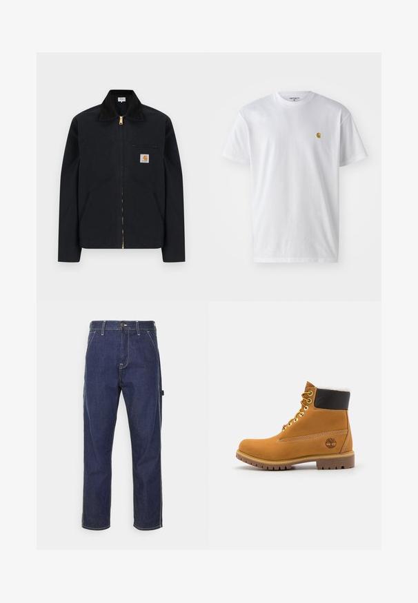 Sort lynlåstrøje med sort krave, lommer foran, brystlomme med lynlås og Carhartt-logo på venstre bryst.; Hvid bomulds t-shirt med korte ærmer, rund hals og et lille guld logo på venstre brystområde. Blød tekstur og almindelig pasform.; Mørkeblå denim cargo bukser med gul syning, sidelommer og en lige pasform. Funktioner en knap- og lynlåslukning.; Brune læder ankelstøvle med metaløjer, hvid pelsforing, sort polstret krave, robust sål og præget logo på siden.