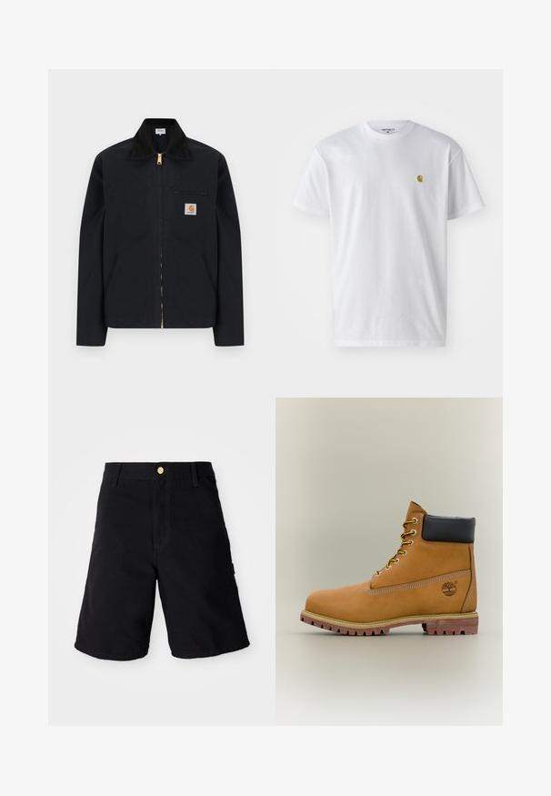 Veste noire à fermeture éclair avec col noir, poches latérales avant, poche zippée sur la poitrine et écusson logo Carhartt sur la poitrine gauche.; T-shirt en coton blanc à manches courtes, col rond, avec un petit logo doré sur la poitrine gauche. Texture douce et coupe régulière.; Shorts en denim noir avec une fermeture à bouton, présentant une coupe droite, des poches latérales et des coutures renforcées pour plus de durabilité.; Bottine en cuir marron avec col noir, lacets jaunes et semelle beige. Présente un logo et des détails de couture blanche. Semelle extérieure à traction robuste.