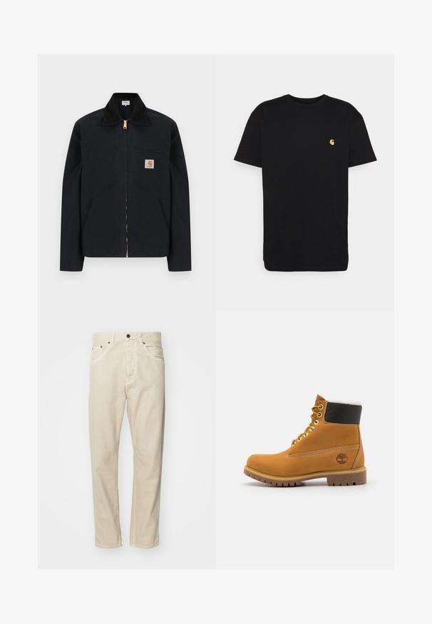 Schwarze Jacke mit Reißverschluss, schwarzem Kragen, vorderen Seitentaschen, Reißverschlusstasche auf der Brust und Carhartt-Logoaufnäher auf der linken Brustseite.; Schwarzes Baumwoll-T-Shirt mit kurzen Ärmeln, Rundhalsausschnitt und einem kleinen gelben Logo im linken Brustbereich. Einfaches Design und normale Passform.; Beige Baumwollhose mit geradem Bein, fünf Taschen und Metallakzenten. Glatte Textur mit minimalen Nähdetails.; Braune Leder-Ankle-Boots mit Metallösen, weißem Kunstfellfutter, schwarzem gepolstertem Kragen, robustem Sohlenprofil und geprägtem Logo an der Seite.