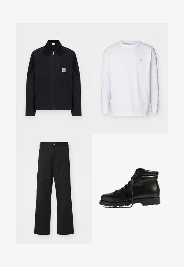 Sort lynlåstrøje med sort krave, lommer foran, brystlomme med lynlås og Carhartt-logo på venstre bryst.; Hvid langærmet t-shirt lavet af bomuld. Har et lille gyldent logo på brystet og en rund halsudskæring. Enkel design og standard pasform.; Sorte bukser lavet af slidstærkt stof med lige pasform, der har knaplukning foran, bæltestropper og ingen synlige mønstre eller accenter.; Sorte lær hikingstøvler med polstret krave, grå snører, metaløjerne og en robust gummisål med dybe dæksler for godt greb.