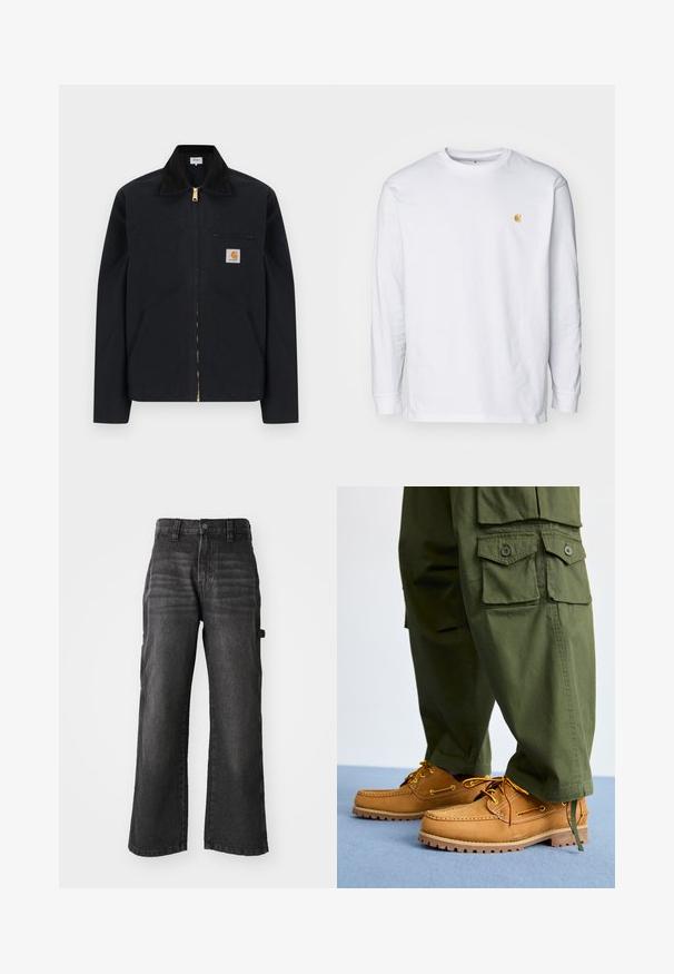 Schwarze Jacke mit Reißverschluss, schwarzem Kragen, vorderen Seitentaschen, Reißverschlusstasche auf der Brust und Carhartt-Logoaufnäher auf der linken Brustseite.; Weißes Langarm-T-Shirt aus Baumwolle. Mit kleinem goldenem Logo auf der Brust und Rundhalsausschnitt. Einfaches Design und normale Passform.; Weite schwarze Denim-Hosen aus weich verarbeitetem Baumwollstoff mit einem ausgewaschenen Finish. Mit einem Knopfverschluss vorne und seitlichen Taschen.; Timberland AUTHENTIC 3 EYE - Bootsschuh - wheat