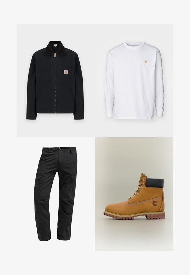 Zwarte jas met ritssluiting, zwarte kraag, steekzakken aan de voorkant, borstzak met rits en Carhartt-logo op de linkerborst.; Witte lange mouwen t-shirt van katoen. Voorzien van een klein gouden logo op de borst en een ronde hals. Eenvoudig ontwerp en standaard pasvorm.; Zwarte cargobroek met een rechte snit, gemaakt van duurzaam materiaal, met meerdere zijzakken en een knoopsluiting bij de taille.; Bruine leren enkellaars met zwarte kraag, gele veters en een zandkleurige zool. Voorzien van een logo en witte stikseldetails. Robuuste loopzool met grip.