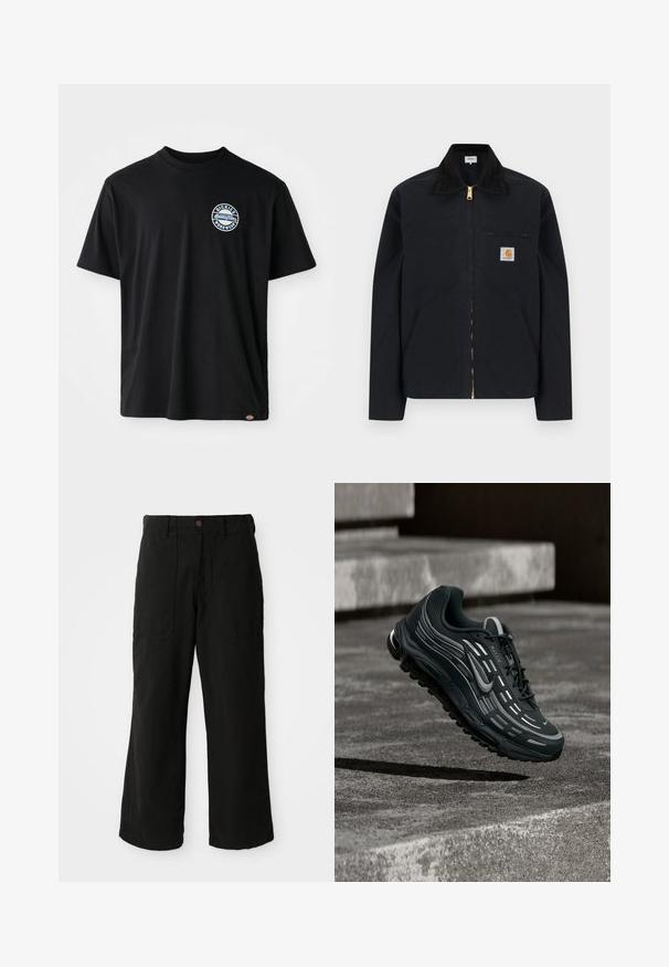 Sort lynlåstrøje med sort krave, lommer foran, brystlomme med lynlås og Carhartt-logo på venstre bryst.; Sort bomulds-T-shirt med et rundt logo på brystet. Korte ærmer og rund halsudskæring med lige snit ved kanten.; Sorte vide benbukser lavet af blødt stof, med frontlommer og en knaplukning i taljen. Minimalistisk design uden synlige mønstre.; Sort og grå Nike Air Max sneaker, der flyder over grå betontrin med tekstureret jordbaggrund.