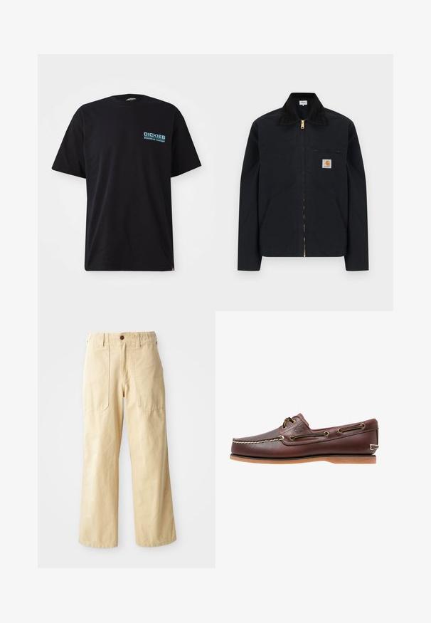 Čierna bunda na zips s čiernym golierom, prednými bočnými vreckami, hrudným vreckom na zips a nášivkou s logom Carhartt na ľavej strane hrude.; Čierne bavlnené tričko s krátkymi rukávmi, na ktorom sa vľavo na hrudi nachádza modré logo "DICKIES WORKWEAR COMPANY". Štandardný okrúhly výstrih.; Bežové široké nohavice vyrobené z bavlny. Majú vysoký pás, dve predné vrecká s plochým dizajnom a jediné zapínanie na gombík.; Hnedá kožená lodná topánka s bielym prešívaním, detailmi na šnúrky a svetlohnedou gumovou podrážkou, zobrazená z boku na bielom pozadí.