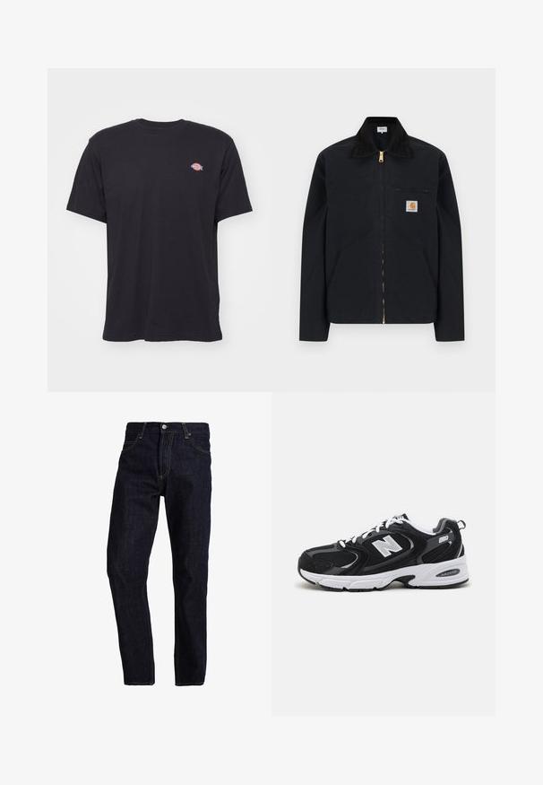 Sort lynlåstrøje med sort krave, lommer foran, brystlomme med lynlås og Carhartt-logo på venstre bryst.; Sort kortærmet t-shirt med rund hals og et lille farverigt Dickies-logo på venstre bryst mod en ensfarvet baggrund.; Mørkeblå denim jeans med lige pasform, med gul syning, fem lommer og en klassisk knap- og lynlås lukning.; Sorte og grå sportssko med mesh og ruskind på overdelen, der har en hvid mellemsål, snørebånd og et iøjnefaldende "N" logo på siden.