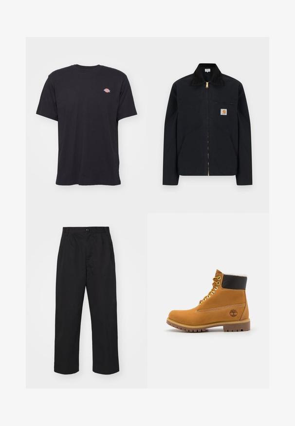 Zwarte jas met ritssluiting, zwarte kraag, steekzakken aan de voorkant, borstzak met rits en Carhartt-logo op de linkerborst.; Zwart T-shirt met korte mouwen en ronde hals, met een klein kleurrijk Dickies-logo op de linkerborst tegen een effen achtergrond.; Zwarte katoenen broeken met een rechte pasvorm, voorzien van een knoopsluiting, twee voorkruiden en een soepele textuur.; Bruine leren enkellaars met metalen oogjes, witte faux bont voering, zwarte gewatteerde kraag, robuuste zool en een reliëflogo aan de zijkant.