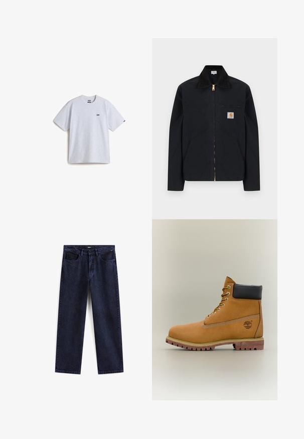Sort lynlåstrøje med sort krave, lommer foran, brystlomme med lynlås og Carhartt-logo på venstre bryst.; Lys grå kortærmet t-shirt lavet af bomuld, med et lille sort logo på brystet og en rund halsudskæring. Enkel design, ingen mønstre.; Mørkeblå lige ben jeans med forlommer, bæltestropper, knaplukning og Vans-logo på taljen og lommen.; Brun læderankelstøvle med sort krave, gule snørebånd og tanfarvet sål. Har logo og hvide syninger som detalje. Robust ydersål med greb.