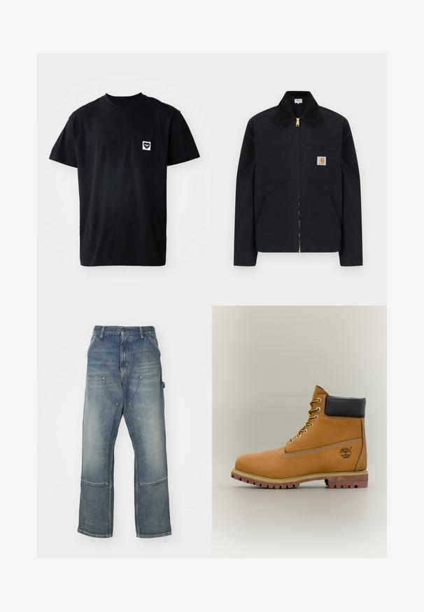 Schwarze Jacke mit Reißverschluss, schwarzem Kragen, vorderen Seitentaschen, Reißverschlusstasche auf der Brust und Carhartt-Logoaufnäher auf der linken Brustseite.; Schwarzes Baumwoll-T-Shirt mit Rundhalsausschnitt, kurzen Ärmeln und einer linken Brusttasche, die ein herzförmiges Logo in Weiß zeigt.; Helle blaue Jeans mit lockerer Passform, aus Denim gefertigt. Merkmale sind weite Beine, große Fronttaschen und Kontrastnähte.; Brauner Leder-Stiefelette mit schwarzem Kragen, gelben Schnürsenkeln und hellbrauner Sohle. Verfügt über ein Logo und weiße Ziernähe. Robuste Profilsohle.