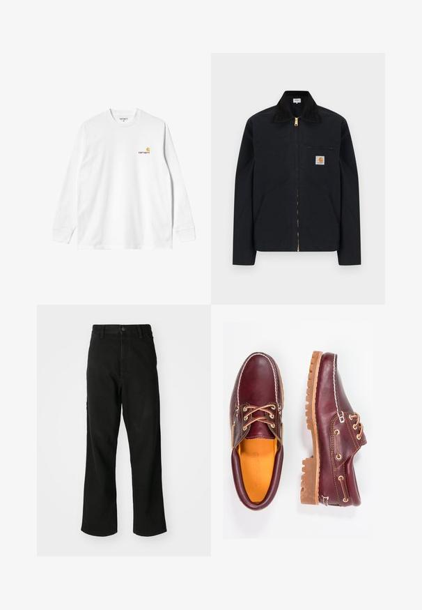 Chaqueta negra con cremallera, cuello negro, bolsillos laterales frontales, bolsillo con cremallera en el pecho y parche con el logo de Carhartt en el pecho izquierdo.; Camiseta blanca de algodón de manga larga con cuello redondo, que presenta un pequeño logo amarillo y burdeos en el lado izquierdo del pecho. Puños y dobladillo sin costuras.; Vaqueros negros de pierna recta con cierre de botón, pasadores para cinturón y bolsillos frontales sobre un fondo blanco liso.; Zapatos de cuero burdeos con suelas de goma marrón, puntera redonda, costuras blancas y ojales dorados. El interior cuenta con un forro amarillo.