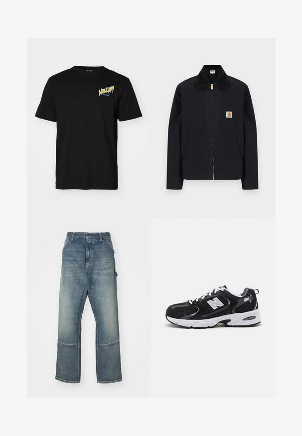 Black zip-up jacket with black collar, front side pockets, chest zipper pocket, and Carhartt logo patch on left chest.; Black cotton t-shirt with short sleeves, round neckline, features a graphic print in blue and yellow on the left chest.; Light blue jeans with a relaxed fit, made from denim. Features wide legs, large front pockets, and contrast stitching details.; Black and gray athletic shoes with mesh and suede upper, featuring a white midsole, laces, and a bold "N" logo on the side.