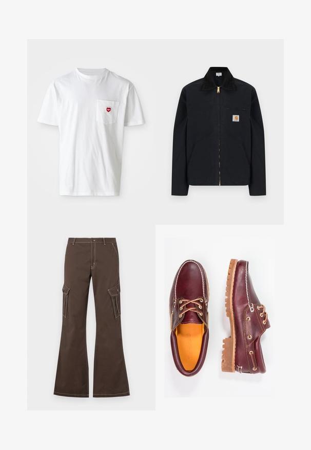 Sort lynlåstrøje med sort krave, lommer foran, brystlomme med lynlås og Carhartt-logo på venstre bryst.; Hvid bomulds T-shirt med rund halsudskæring og korte ærmer. Har et lille rødt hjerte-logo på venstre brystlomme.; Brune cargo bukser med flagrende ben, der har sidelommer, hvide stikninger og en metallisk knaplukning.; Bordeaux lædersko med brune gummisåler, rund tå, hvid syning og gyldne snøringer. Indersiden har et gult for.