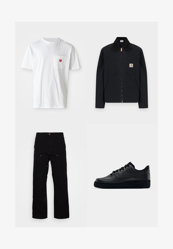 Sort lynlåstrøje med sort krave, lommer foran, brystlomme med lynlås og Carhartt-logo på venstre bryst.; Hvid bomulds T-shirt med rund halsudskæring og korte ærmer. Har et lille rødt hjerte-logo på venstre brystlomme.; Sorte denimbukser med lige ben, udstyret med guld hardware-detaljer og synlige syninger på for- og baglommer.; Sort Nike Air Force 1 sneaker med en glat læderoverdel, perforeret tå for åndbarhed, sorte snørebånd og en textured gummisål.