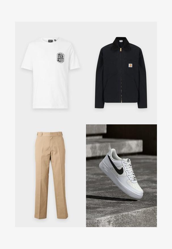 Must zip-up jope musta kraega, ees taskud mõlemal küljel, rinnal lukkudega tasku ja Carhartti logo vasakul rinnal.; Valge puuvillane T-särk ümmarguse kaelusega, vasakul rinnal must Lyle & Scott logo päits. Lühikesed varrukad, lihtne disain.; Beežid sirge säärega püksid vööaasadega, eesmine tõmblukk ja pressitud voldid, näidatud valgel taustal.; Valge Nike Air Force 1 toss, millel on must swoosh, paelad seotud, paikneb õhus hallil tekstureeritud betoonpinnal välitingimustes.