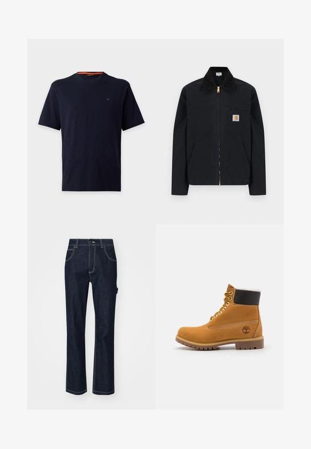 Chaqueta negra con cremallera, cuello negro, bolsillos laterales frontales, bolsillo con cremallera en el pecho y parche con el logo de Carhartt en el pecho izquierdo.; Camiseta lisa azul marino oscuro de manga corta con cuello redondo, con un pequeño logo bordado en el pecho izquierdo y detalle naranja en el interior del cuello.; Jeans de mezclilla azul oscuro con un diseño de pierna recta, que cuentan con cinco bolsillos, costuras en contraste y un cierre de botón en la cintura.; Botín de cuero marrón con ojales de metal, forro de piel sintética blanca, cuello acolchado negro, suela resistente y logotipo en relieve en el costado.