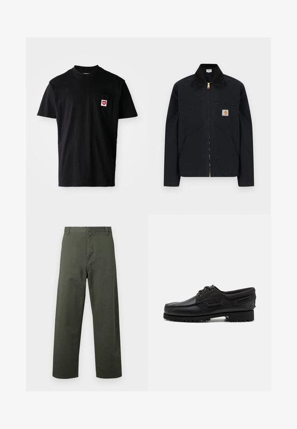 Schwarze Jacke mit Reißverschluss, schwarzem Kragen, vorderen Seitentaschen, Reißverschlusstasche auf der Brust und Carhartt-Logoaufnäher auf der linken Brustseite.; Schwarzes Baumwoll-T-Shirt mit rundem Halsausschnitt, kurzen Ärmeln und einer linken Brusttasche, die mit einem roten Herz-Patch und weißem Text versehen ist.; Grüne Baumwollhose mit geradem Schnitt, mit Knopfverschluss vorne und seitlichen Taschen. Glatte Textur, einfacher Stil und keine sichtbaren Muster.; Schwarzer Schuh mit einem Obermaterial aus Leder, textilen Akzenten, runden Schnürsenkeln und einer strukturierten Gummisohle. Verfügt über Mokassin-Nähte und eine Markeninschrift.