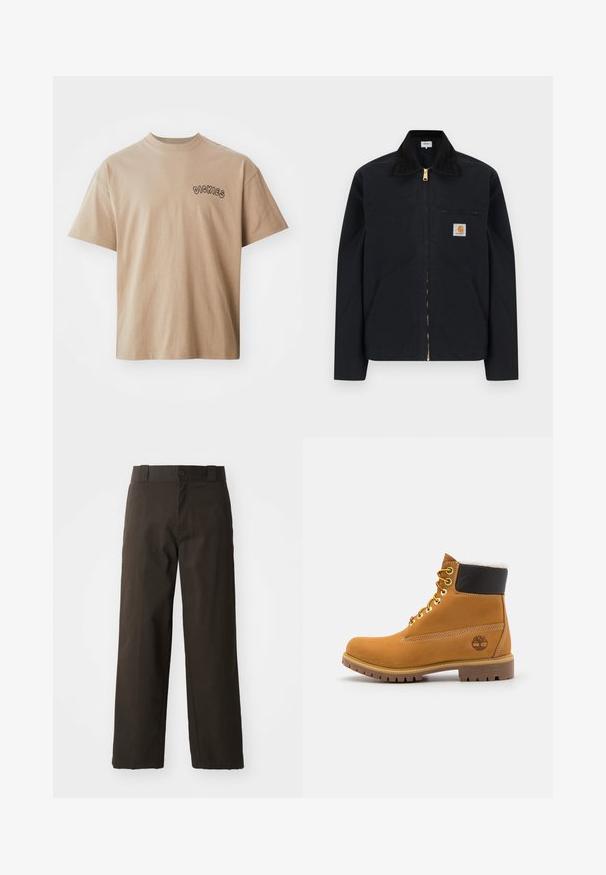 Sort lynlåstrøje med sort krave, lommer foran, brystlomme med lynlås og Carhartt-logo på venstre bryst.; Beige bomulds-T-shirt med korte ærmer og rund hals. Har "DICKIES" printet i sort på venstre bryst. Klassisk pasform og glat tekstur.; Sorte bomuldsbukser med et lige ben-design, der har en knaplukning og et klassisk taljehåndter. Glat tekstur, ingen mønstre eller accenter.; Brune læder ankelstøvle med metaløjer, hvid pelsforing, sort polstret krave, robust sål og præget logo på siden.