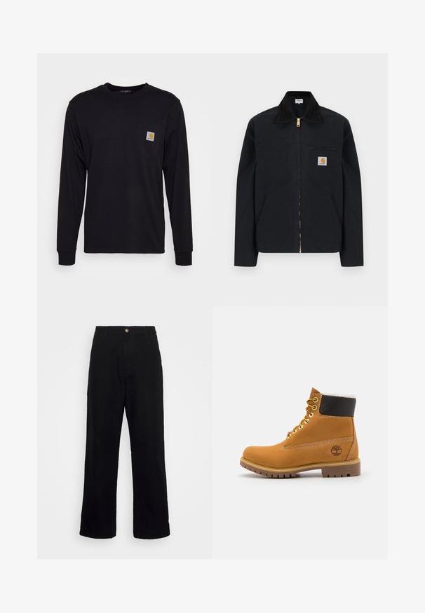 Chaqueta negra con cremallera, cuello negro, bolsillos laterales frontales, bolsillo con cremallera en el pecho y parche con el logo de Carhartt en el pecho izquierdo.; Camisa negra de manga larga hecha de algodón. Presenta un bolsillo en el pecho con una etiqueta cuadrada gris y un logo naranja. Diseño simple y de color sólido.; Pantalones negros de tela pesada, con un diseño de pierna recta, bolsillos frontales, cierre de cremallera y un solo botón metálico.; Botín de cuero marrón con ojales de metal, forro de piel sintética blanca, cuello acolchado negro, suela resistente y logotipo en relieve en el costado.