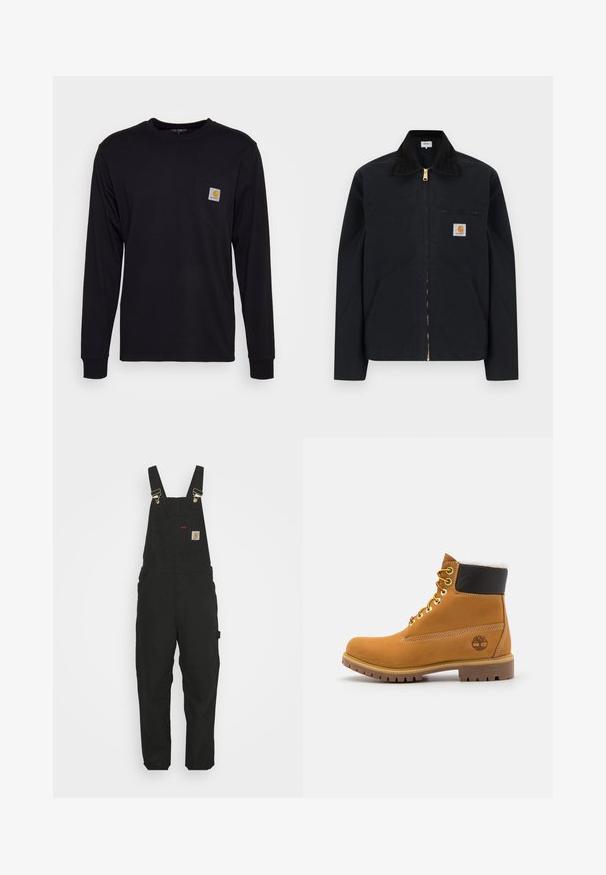 Schwarze Jacke mit Reißverschluss, schwarzem Kragen, vorderen Seitentaschen, Reißverschlusstasche auf der Brust und Carhartt-Logoaufnäher auf der linken Brustseite.; Schwarzes Langarmshirt aus Baumwolle. Verfügt über eine Brusttasche mit einem quadratischen grauen Etikett und orangefarbigem Logo. Einfaches, einfarbiges Design.; Schwarze Baumwoll-Latzhosen mit verstellbaren Trägern, einer Fronttasche mit Logo-Patch und zwei Seitentaschen im entspannten Schnitt.; Braune Leder-Ankle-Boots mit Metallösen, weißem Kunstfellfutter, schwarzem gepolstertem Kragen, robustem Sohlenprofil und geprägtem Logo an der Seite.