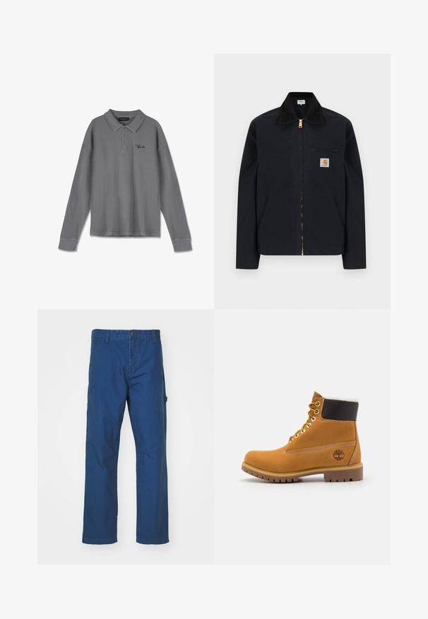 Čierna bunda na zips s čiernym golierom, prednými bočnými vreckami, hrudným vreckom na zips a nášivkou s logom Carhartt na ľavej strane hrude.; Dlhý rukáv polo tričko v pruhovanej šedej látke. Obsahuje golier, pruh s tromi gombíkmi a jemné čierne logo na hrudi.; Modré bavlnené nohavice z twillu s rovnými nohavicami, vybavené gombíkovým zapínaním a bočnými vreckami. Hladká textúra, žiadne viditeľné vzory alebo akcenty.; Hnedé kožené ankle boot s kovovými očkami, bielym kožúškom vo vnútri, čiernym vypolstrovaným golierom, robustnou podrážkou a vyrazeným logom na boku.