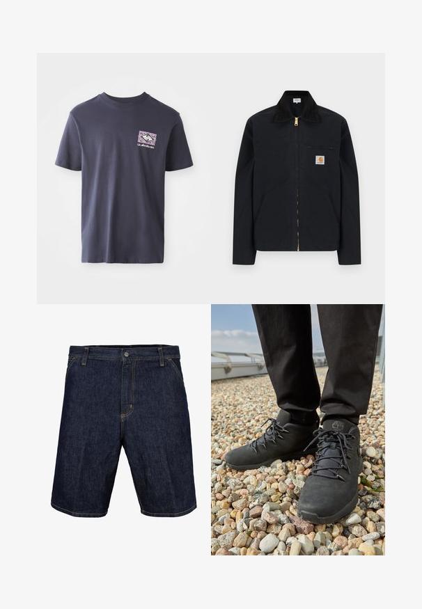 Chaqueta negra con cremallera, cuello negro, bolsillos laterales frontales, bolsillo con cremallera en el pecho y parche con el logo de Carhartt en el pecho izquierdo.; Camiseta de algodón azul marino con cuello redondo y mangas cortas. Presenta un estampado gráfico geométrico en púrpura y blanco en el lado izquierdo del pecho.; Pantalones cortos de mezclilla en azul oscuro con costuras amarillas, que cuentan con un botón frontal, lazos para el cinturón y bolsillos laterales. Textura suave, diseño hasta la rodilla.; Zapatos de senderismo negros con cuero texturizado, cordones resistentes y un collarín acolchado en el tobillo, llevados con pantalones oscuros sobre una superficie de gravilla.