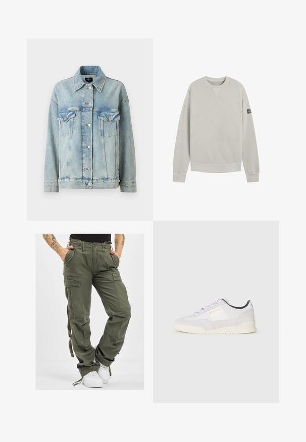 7 for all mankind OLI TRUCKER - Cowboyjakker - light blue; Lysegrå sweatshirt med rund hals, lange ærmer og ribbede manchetter. Har et lille sort mærke på venstre ærme. Glat stoftekstur.; Olivengrønne cargo-bukser med flere lommer, snøre i taljen og afslappet pasform. Stoffet har en blød tekstur og en robust, holdbar fremtoning.; Paul Smith DOVER - Sneakers - white