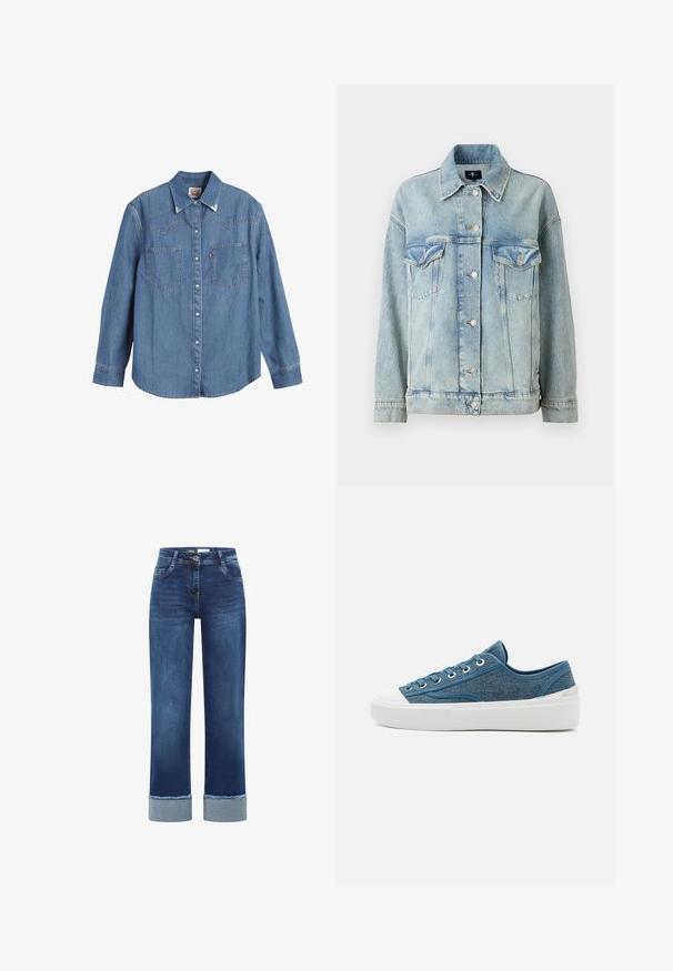 7 for all mankind OLI TRUCKER - Farkkutakki - light blue; Vaaleansininen farkkupaita pitkillä hihoilla, terävillä kauluksilla, kahdella rintataskulla ja erottuvalla ompeluajalla. Ominaisuus lännen tyylinen yoke-muotoilu.; Tummansinisen farkkustrriight linjaisilla suorilla lahkeilla, joissa on käännetty helma vaaleammasta denimmateriaalista ja klassinen viiden taskun malli nappisuljennuksella.; Siniset farkkukengät valkoisella kumipohjalla, pyöristetty kärki ja hopeiset yksityiskohdat kantapäässä. Varustettu silmäpuoleilla ja erottuvalla tikkaustyöllä.