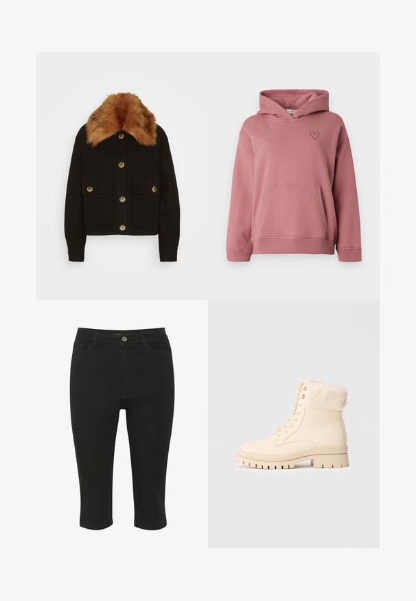 ONLY ONLEMMA SHORT FUR SHACKET - Let jakke / Sommerjakker - black solid; Støvet lyserød hættetrøje med forlommer og lille broderet hjerte på venstre bryst, med lange ærmer og hætte.; Sorte denim capri bukser med tætsiddende design, frontlommer og en enkelt knaplukning, der har en glat tekstur og ankel længde.; Snørebånds støvle i cremefarvet læder med en faux fur krave, chunky sål med riller og rund tå. Holdbart design til koldt vejr.