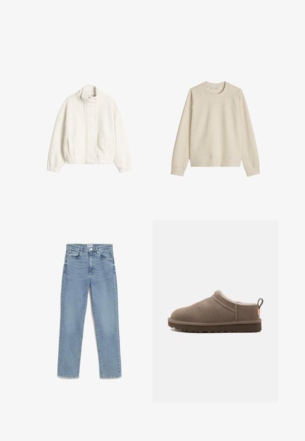 Witte zachte fleecejas met opstaande kraag, drukknoopsluiting, elastische manchetten en twee zijzakken.; Beige trui met lange mouwen en ronde hals, met geribbelde boorden en zoom, gemaakt van zachte gebreide stof, getoond op een witte achtergrond.; Lichtblauwe jeans met een recht model, vijf-pocket ontwerp, sluiting met een voorknoop en subtiele vervaging op de bovenbenen. Klassieke denimtextuur.; Low-cut taupe suède pantoffel met witte fleece voering, donkere rubberen zool en een trekhaak bij de hiel, zijaanzicht op witte achtergrond.