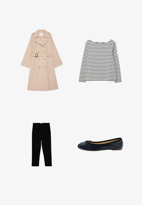 Beige dubbelgeknoopte trenchcoat met riem, brede revers, schouderepauletten en zijzakken, plat gelegd op een witte achtergrond.; Wit shirt met lange mouwen met horizontale donkerblauwe strepen en een ronde hals, plat gelegd op een witte achtergrond.; Zwarte op maat gemaakte broek tot aan de enkel met zijzakken en een licht taps toelopende pijp, plat liggend op een witte achtergrond.; Zwarte leren balletschoenen met een ronde neus, strikdetail aan de voorkant en een zachte binnenvoering. Platte zool met minimale verhoging.
