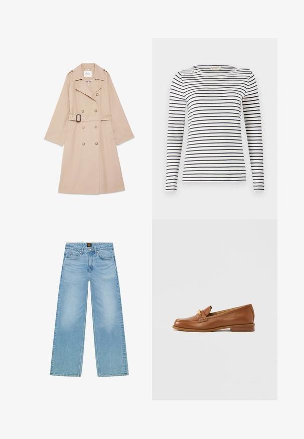 Beige dubbelgeknoopte trenchcoat met riem, brede revers, schouderepauletten en zijzakken, plat gelegd op een witte achtergrond.; Langsleeve gestreepte shirt gemaakt van zachte stof, met navy en witte horizontale strepen, ronde halslijn en een slim-fit ontwerp.; Lichtblauwe, wijde spijkerbroek van denim. Beschikt over een klassieke vijf-pocket stijl en een subtiele vervaagde textuur. Knoop- en ritsluiting.; Bruine leren loafer met een afgeronde neus, decoratief riempje en klein hakje. Gladde textuur, subtiele stiknaden en gouden accenten.