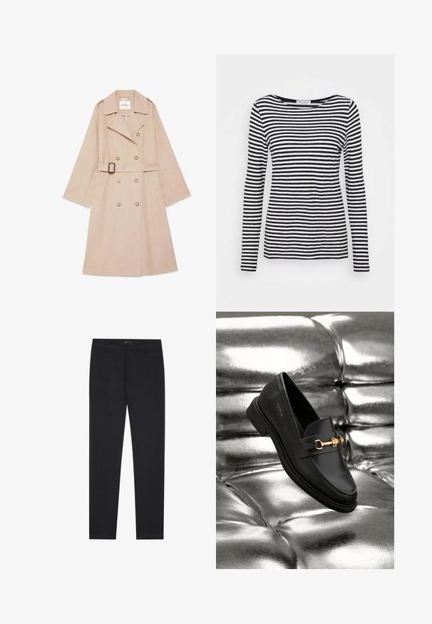 Beiger doppelt geknöpfter Trenchcoat mit Gürtel, breiten Revers, Schulterklappen und seitlichen Taschen, flach auf weißem Hintergrund liegend.; Langärmliges T-Shirt mit Rundhalsausschnitt, das ein schwarz-weiß gestreiftes Muster aufweist. Aus weicherm Stoff und mit regulärer Passform gefertigt. Sauberes, minimalistisches Design.; Schwarze, schmal geschnittene Anzughosen mit Gürtelschlaufen und Fronttaschen, designet für einen maßgeschneiderten, professionellen Look.; Schwarze Leder-Loafer mit goldfarbener Hardware. Der Schuh zeichnet sich durch ein elegantes Design und eine glatte, glänzende Oberfläche aus.