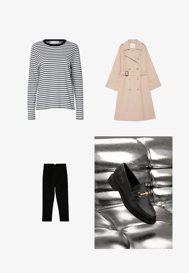 Beige dobbeltradet trenchcoat med bælte, brede slag, skulderklaffer og sidelommer, lagt fladt på hvid baggrund.; Hvid langærmet skjorte med sorte vandrette striber og en sort rund hals, vist på en ensartet hvid baggrund.; Sorte skræddersyede ankelkorte bukser med sidelommer og let tilspidset ben, vist fladt på en hvid baggrund.; Sorte læder loafers med en guldfarvet hardware detalje. Skoen har et elegant design og en glat, skinnende overflade.
