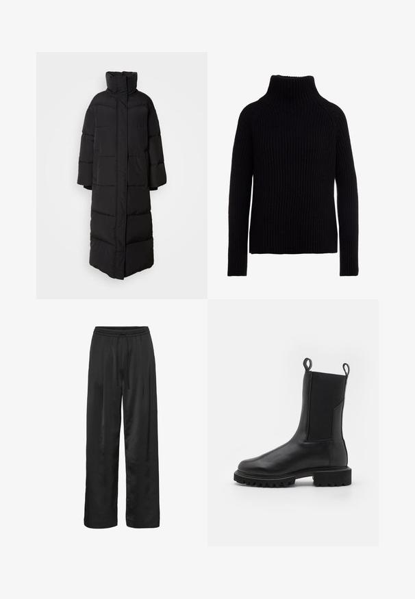 Lang, sort pufferjakke med høj krave, brede ærmer og lodrette quiltede sektioner, med et rent, lukket frontdesign.; Sort ribbet turtleneck sweater med lange ærmer og en afslappet pasform. Tekstureret strikstof og sideslids ved kanten for nem bevægelse.; Sort brede bukser lavet af glat, skinnende stof. Har en elastisk talje med snoretræk for justerbar pasform.; AllSaints HALLIE - Plateaustøvletter - black